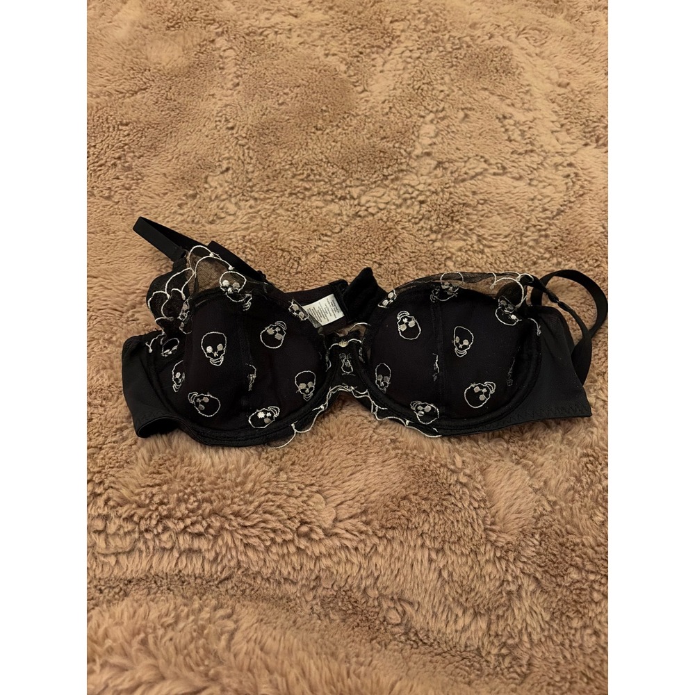 Adore Me Black Skull Embroidered Mesh Underwire Bra 38B Gothic Scalloped Lace